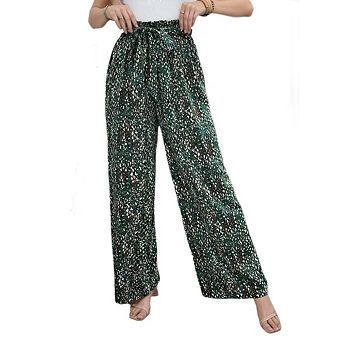 Women's Summer Retro floral Wide Leg Pants Bow Tie Belt High Waisted Casual Lightweight Pockets