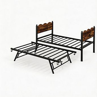 Twin Daybed with Trundle, Day Bed with Industrial Wood Grain Headboard, for Living Room, Bedroom