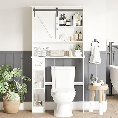 65.4" h Bathroom Storage with Barn Door, Adjustable Restroom Organizer
