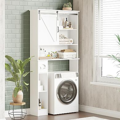 65.4" h Bathroom Storage with Barn Door, Adjustable Restroom Organizer