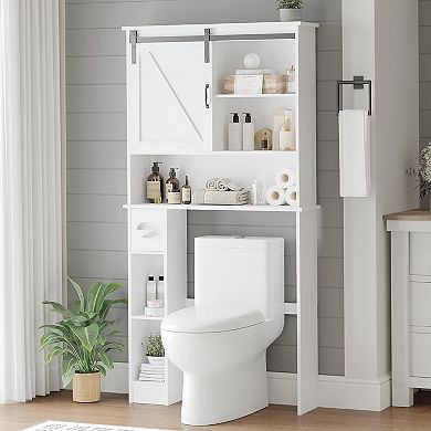 65.4" h Bathroom Storage with Barn Door, Adjustable Restroom Organizer