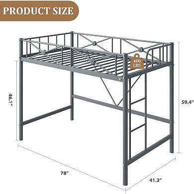 Twin Size Metal Loft Bed Frame, Loftbed with Safety Guardrails, Space-Saving Design for Bedroom