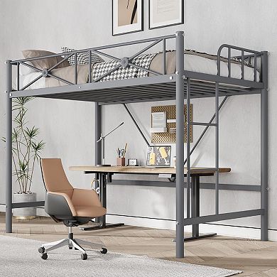 Twin Size Metal Loft Bed Frame, Loftbed with Safety Guardrails, Space-Saving Design for Bedroom