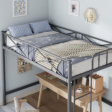 Twin Size Metal Loft Bed Frame, Loftbed with Safety Guardrails, Space-Saving Design for Bedroom