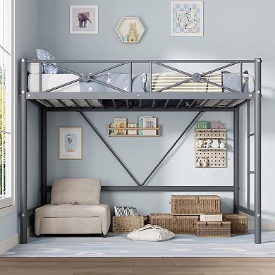 Twin Size Metal Loft Bed Frame, Loftbed with Safety Guardrails, Space-Saving Design for Bedroom