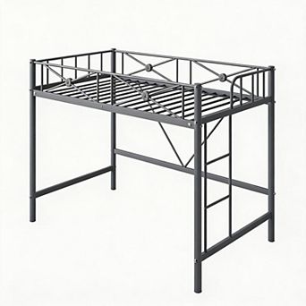 Twin Size Metal Loft Bed Frame, Loftbed with Safety Guardrails, Space-Saving Design for Bedroom