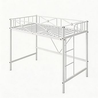 Twin Size Metal Loft Bed Frame, Loftbed with Safety Guardrails, Space-Saving Design for Bedroom