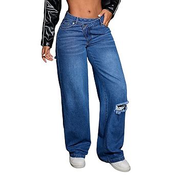 Women's High Rise Baggy Jeans with Snap Fastener Y2K Straight Leg Distressed Denim Pants