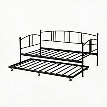 Twin Daybed with Trundle, Metal Frame Day Bed, Arched Headboard, Versatile Sofa Bed for Bedroom