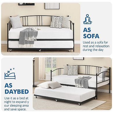 Twin Daybed with Trundle, Metal Frame Day Bed, Arched Headboard, Versatile Sofa Bed for Bedroom
