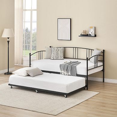 Twin Daybed with Trundle, Metal Frame Day Bed, Arched Headboard, Versatile Sofa Bed for Bedroom