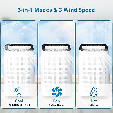 Quiet 14000BTU Portable Air Conditioner, 3-in-1 AC Unit with Fan &Dehumidifier, Remote & LED Display