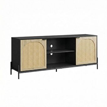 Bohemian Rattan TV Stand - 2 Cabinets & Open Shelf
