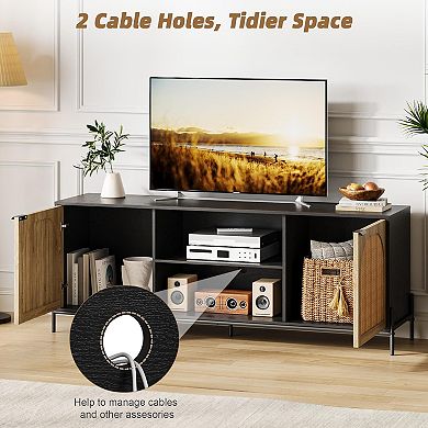 Bohemian Rattan TV Stand - 2 Cabinets & Open Shelf