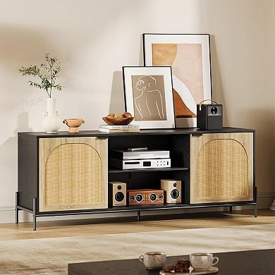 Bohemian Rattan TV Stand - 2 Cabinets & Open Shelf