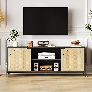 Bohemian Rattan TV Stand - 2 Cabinets & Open Shelf