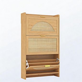 Rattan Shoe Storage Cabinet with 3 Flip Drawers, Wooden Shoe Storage Cabinet for Entryway, Hallway