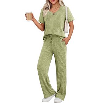 Ekouaer Lounge Sets for Women Ribbed Pajama Set Short Sleeve Top and Long Pants Set with Pockets