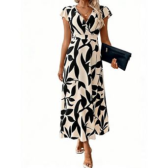 Women's Casual V Neck Cap Sleeve Floral Dress Wrap Front A Line Dressy Daily Dress