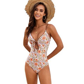 Floral Print Tie Front One Piece Swimsuit Scalloped Trim Bathing Suit