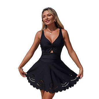 Twist Front Cutout Swim Dress One Piece Swimsuit Scalloped Hem Bathing Suit