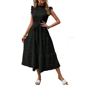 Women's Summer Casual Crew Neck Flutter Short Sleeve Dress Smocked Elastic Waist Tiered Midi Dress