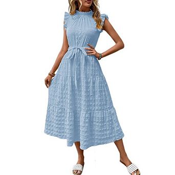 Women's Summer Casual Crew Neck Flutter Short Sleeve Dress Smocked Elastic Waist Tiered Midi Dress