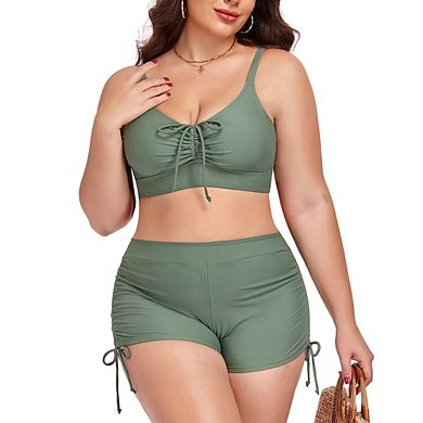 Plus Size Solid Color Drawstring Sporty Bikini Set Two Piece Swimsuit