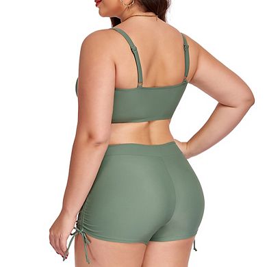 Plus Size Solid Color Drawstring Sporty Bikini Set Two Piece Swimsuit