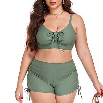 Plus Size Solid Color Drawstring Sporty Bikini Set Two Piece Swimsuit