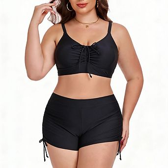 Plus Size Solid Color Drawstring Sporty Bikini Set Two Piece Swimsuit