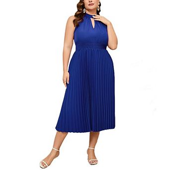 Women's Plus Size Summer Halter Midi Dress Smocked Waist Pleated Skirt Casual Cocktail Dress