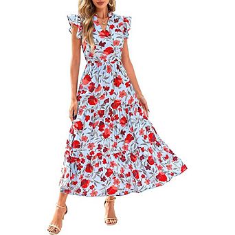 Women's Summer Floral Casual Dress V Neck Cap Sleeve Smocked Flowy Maxi Dress Beach Sundress