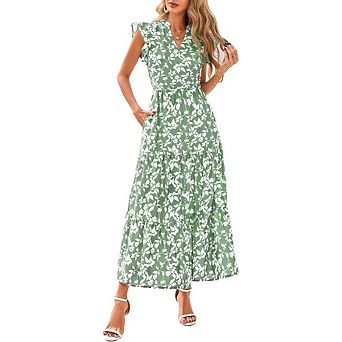 Women's Summer Floral Casual Dress V Neck Cap Sleeve Smocked Flowy Maxi Dress Beach Sundress