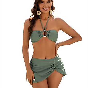 Ring Cutout Halter Bandeau Bikini Set with Twist Wrap Skirt