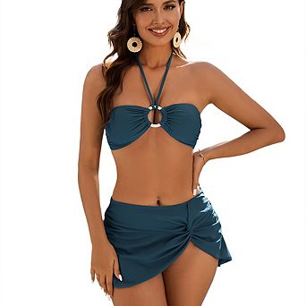 Ring Cutout Halter Bandeau Bikini Set with Twist Wrap Skirt