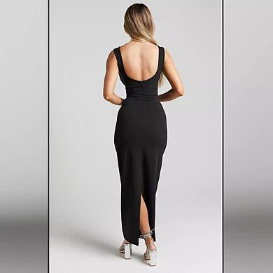 Sleeveless Square Neck Contrast Piping Maxi Dress