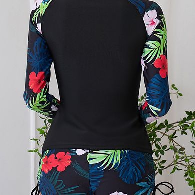 Floral Print Half Zip Long Sleeve Rash Guard Set Two Piece Swimsuit