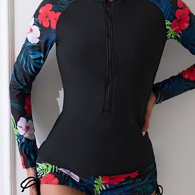 Floral Print Half Zip Long Sleeve Rash Guard Set Two Piece Swimsuit