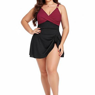 Plus Size Color Block Twist Front Swim Dress One Piece Swimsuit