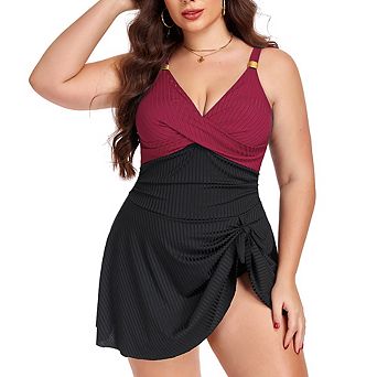 Plus Size Color Block Twist Front Swim Dress One Piece Swimsuit