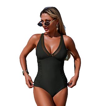 Mesh Panel Ruched One Piece Swimsuit Racerback Bathing Suit