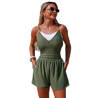 Color Block Fake Two Piece Swimsuit Romper Style Bathing Suit