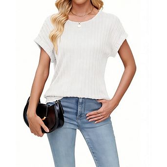 Women's Casual Office Wear Loose Fit Blouse Crew Neck Rib Knit Top Batwing Short Sleeves Shirt