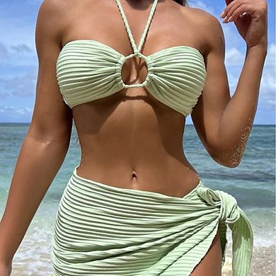 Ribbed Halter Bandeau Bikini Set with Wrap Skirt Cover Up