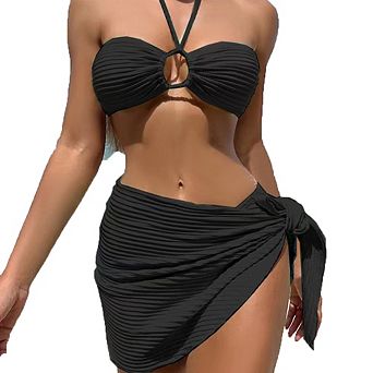 Ribbed Halter Bandeau Bikini Set with Wrap Skirt Cover Up