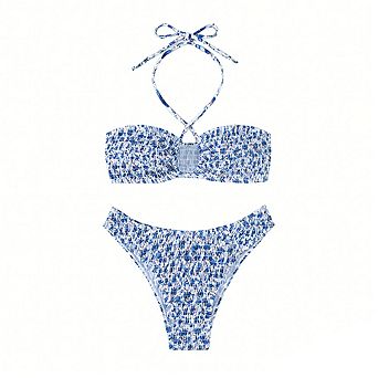 Smocked Floral Halter Bikini Set Two Piece Swimsuit for Women