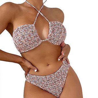 Smocked Floral Halter Bikini Set Two Piece Swimsuit for Women