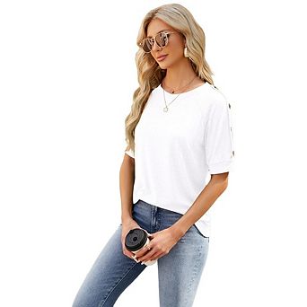 Women's Casual Office Wear Blouse Top Crew Neck Short Sleeve Button Top Shirt
