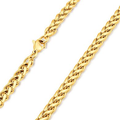 Men's Polished Spiga Wheat Chain Steel Necklace (6mm) - 24"